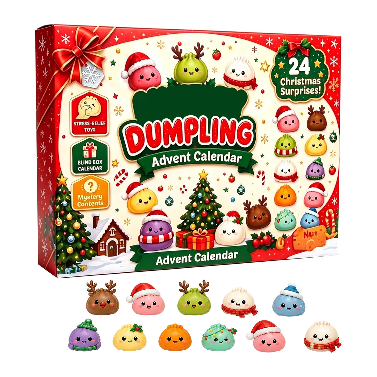 24 Days Dumpling Squishy Christmas Advent Calendar 2026 - Cute Mystery Dumpling Toys Blind Box Stress Relief Fidget Stocking Stuffers
